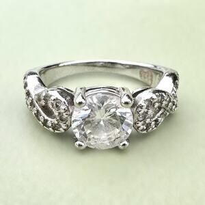 Round Clear CZ Engagement Solitaire Ring w Pave Side Stones Silver Tone S925 6